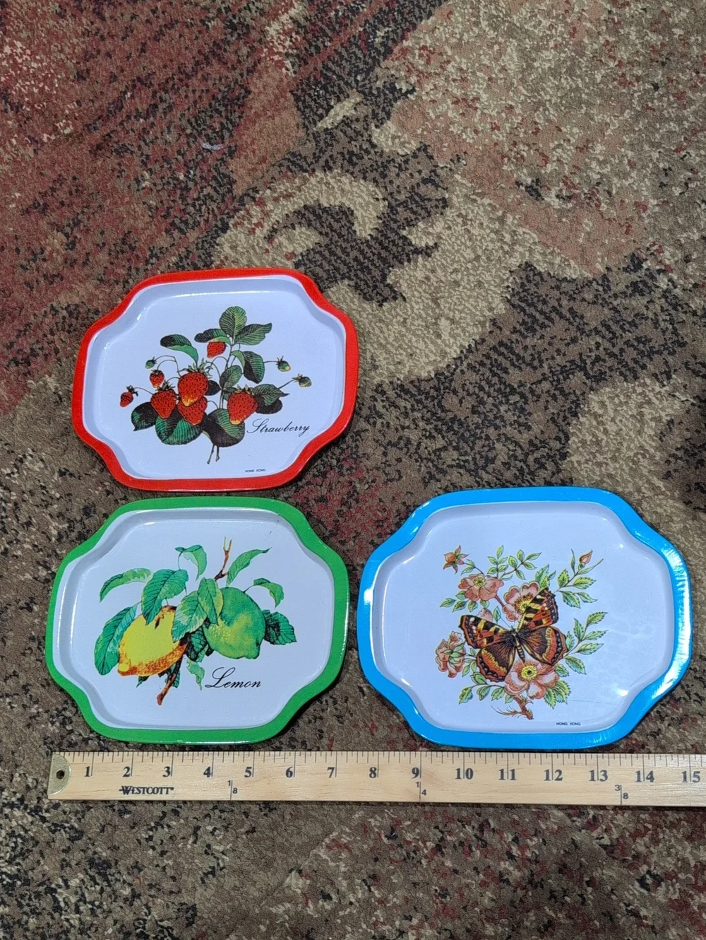 Set of 3 Decorative Fruit & Floral Metal Serving Trays (Red, Green, Blue) Small